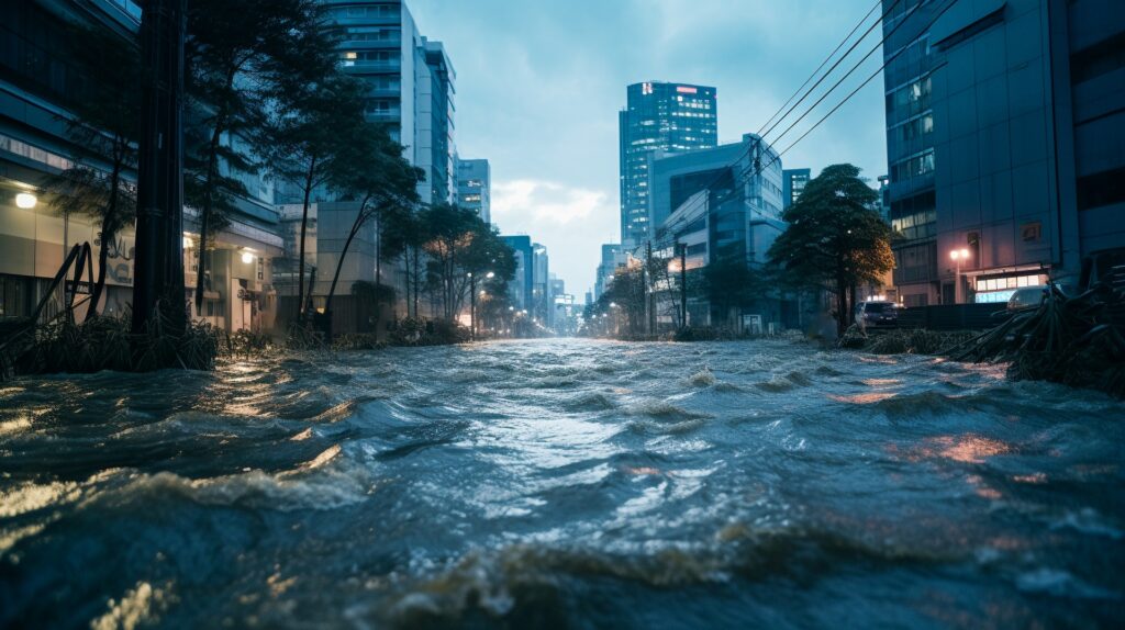 秋からの台風が心配される。迅速的確な気象情報に注意（AI生成画像）