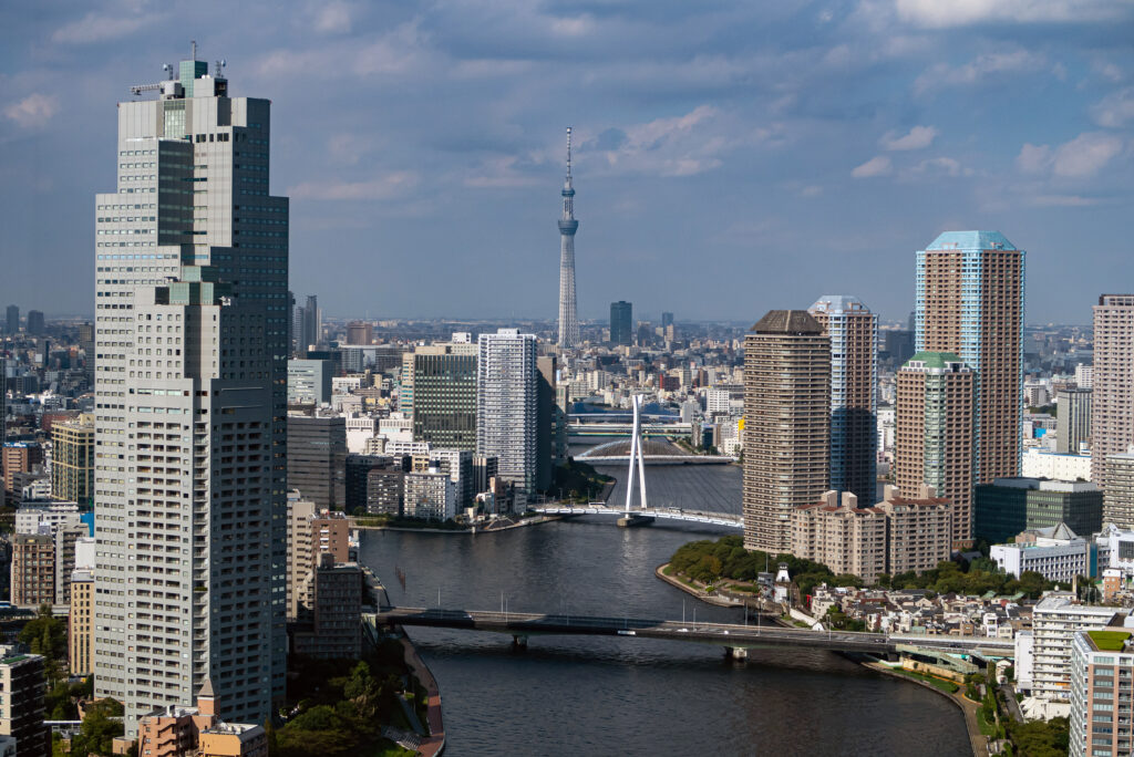 大川端の高層マンションも増え、スカイツリーの雄姿が