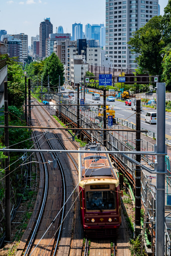 千登勢橋から見る電車、かつての並木は切り落とされている