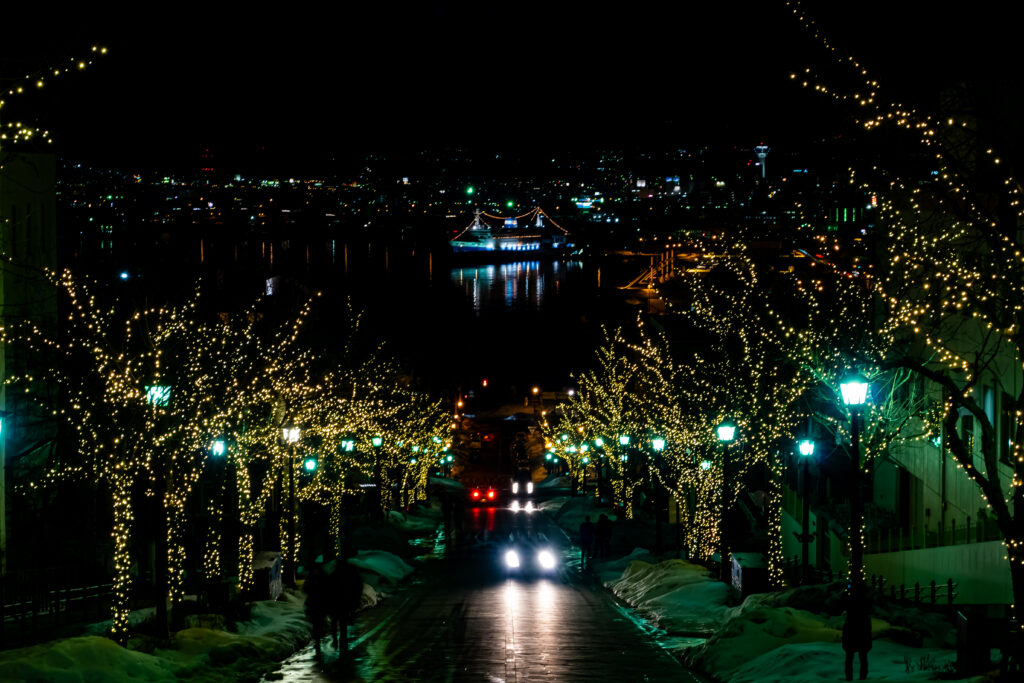 八幡坂の夜景、正面に摩周丸