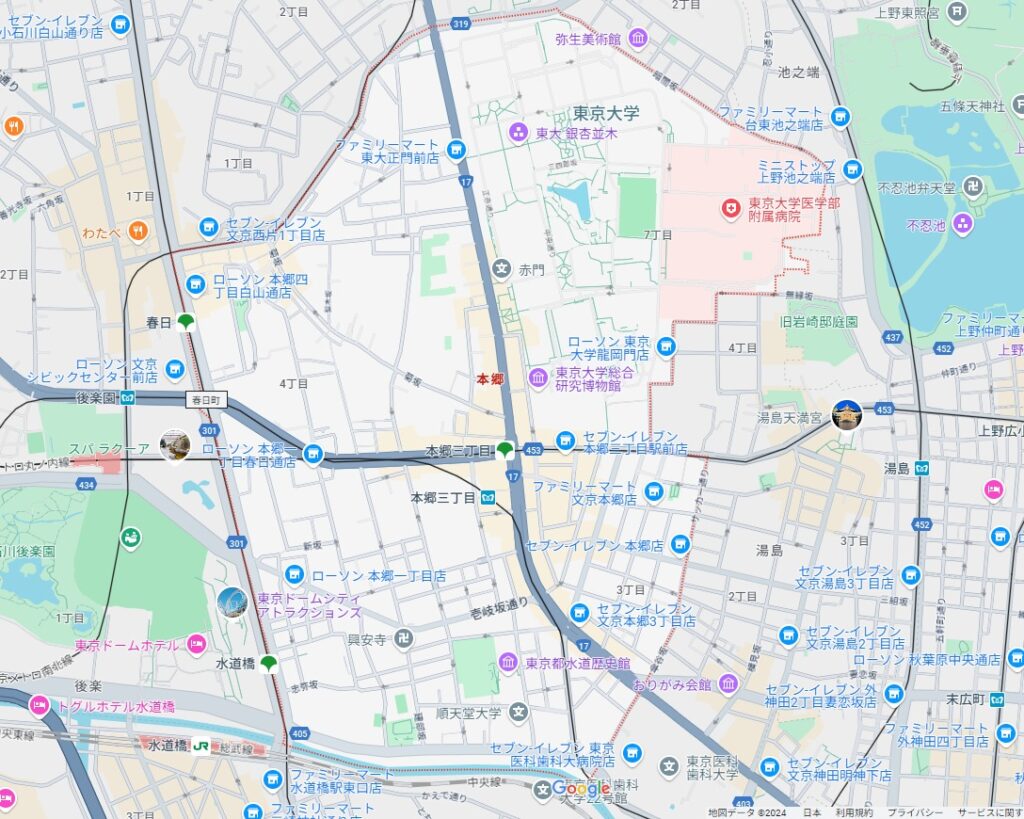 本郷界隈（GoogleMapより転載）