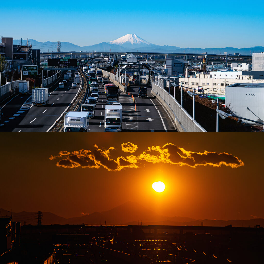 「東京外環道が目印」～北に向かう新幹線から見える戸田東IC越しの富士山