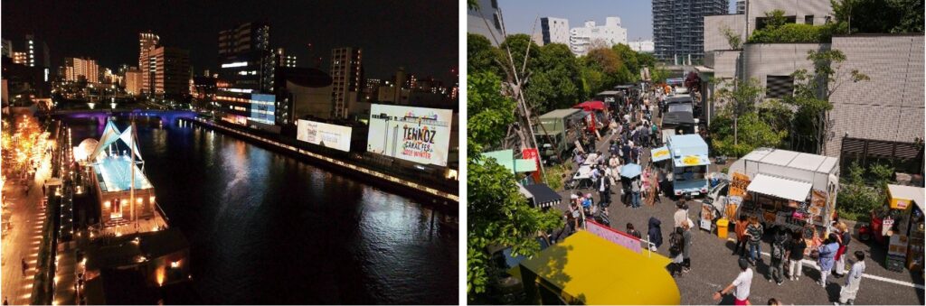 天王洲キャナルフェス：天王洲運河でのプロジェクションマッピング(左)、アイルしながわ会場