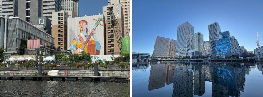 天王洲運河からの天王洲アイルの景観 
壁画 “The Shamisen” Shinagawa / ARYZ(左)、　壁画 OUT OF BOUNDS / 山口 歴)
