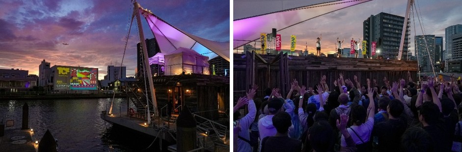 天王洲キャナルフェス秋冬2025 プロジェクションマッピング(左)、船上ライブ