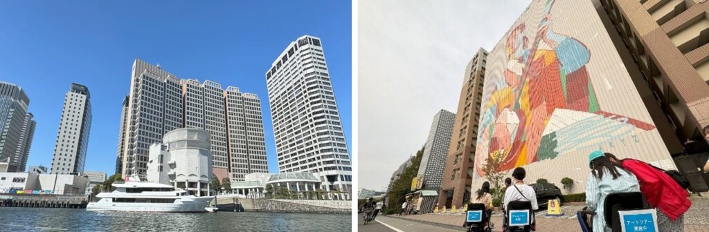 京浜運河からの天王洲アイル風景 (左) / モビリティで巡る天王洲アートツアー