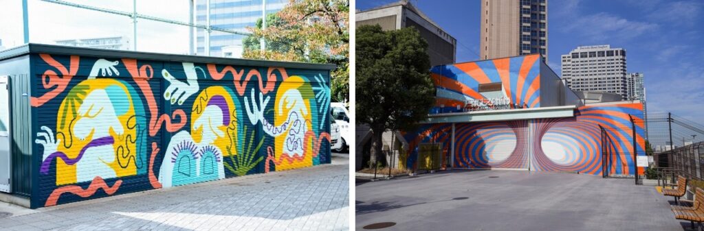 天王洲公園 倉庫壁面アート作品「See a Song / Keeenue」(左) / アイルしながわ壁面アート作品「巡り循る / 吉野もも」
