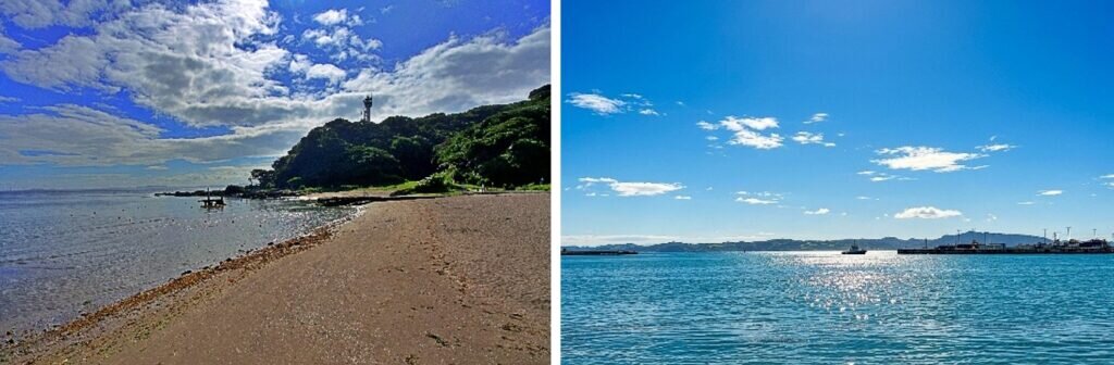 観音崎ビーチから望む灯台(左)、房総と三浦半島を結ぶ久里浜港