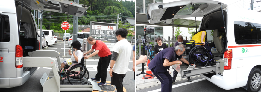 車いすリフト付き福祉車両を使って移動する障害者