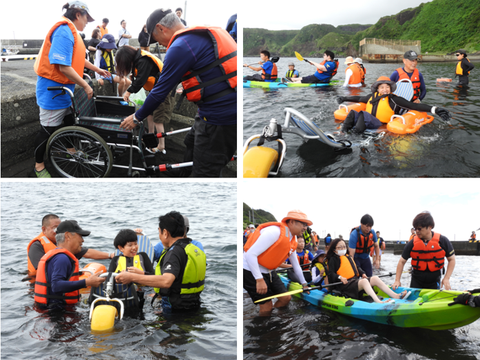 水遊びやシーカヤックを楽しむ参加者